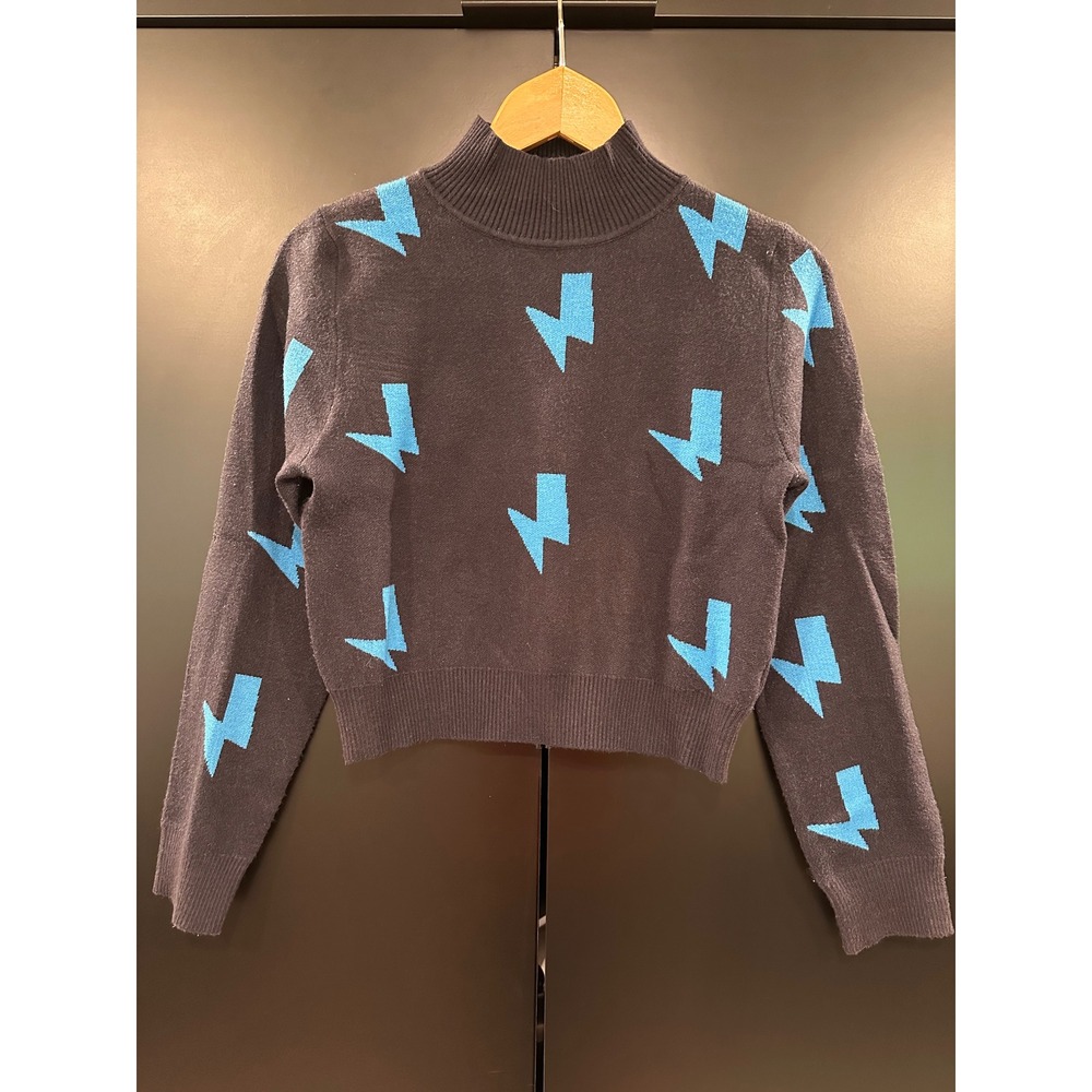 Simplee Black Blue Lightning Bolt Mock Neck Cropped Knit Sweater Medium